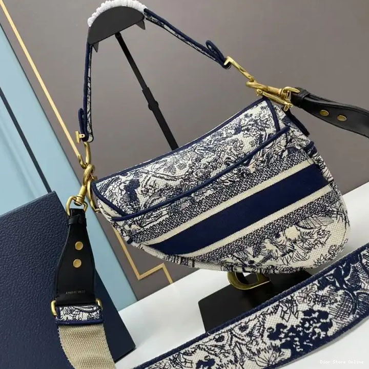 Cheap Bag Toile Motif Jouy de Canvas Dior Christian Blue Saddle 0407 Hot Sale
